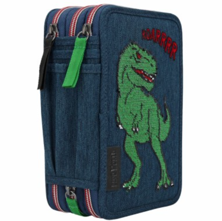 Dino World estuche triple lentejuelas azul